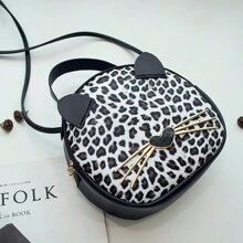 1pc Girl's New Leopard Print Bag, Pu Leather Cat Mobile Phone Bag, Cute Fashion Small Round Bag, Ideal Choice For Gifts - Black and White - View 2