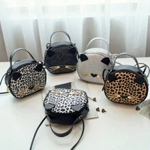 1pc Girl's New Leopard Print Bag, Pu Leather Cat Mobile Phone Bag, Cute Fashion Small Round Bag, Ideal Choice For Gifts - Black and White - View 6