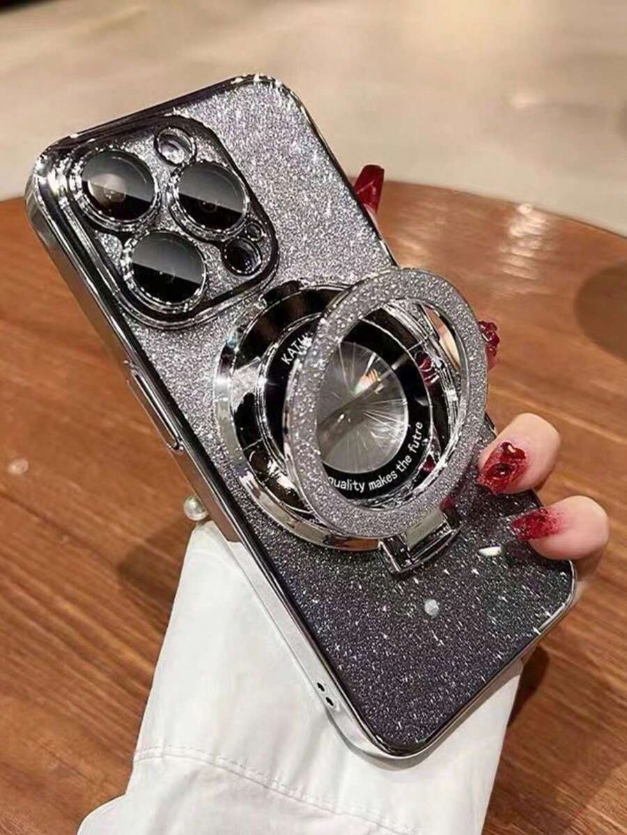 1 个银色电镀滑动支架 + 闪光纸防摔手机壳，采用 TPU 材质，兼容 iPhone/15 Pro Max/16 Pro Max/16 Pro/11/12/13/14 Pro Max/14 Pro/13 Pro Max/iPhone16