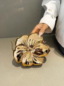 1 Stylish Solid Color Messenger Bag Metallic Flower Shape Evening Clutch Bag, For Wedding Party Formal Dress Accessory, Lipstick, Coin Purse, Jewelry Pouch, With Detachable Chain Strap, Chic Gift For Her