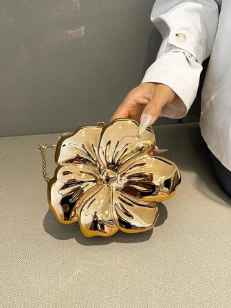 1 款时尚纯色斜挎包金属花朵造型晚宴手拿包，适用于婚礼派对礼服配饰、口红、零钱包、珠宝袋，配有可拆卸链带，是送给她的别致礼物