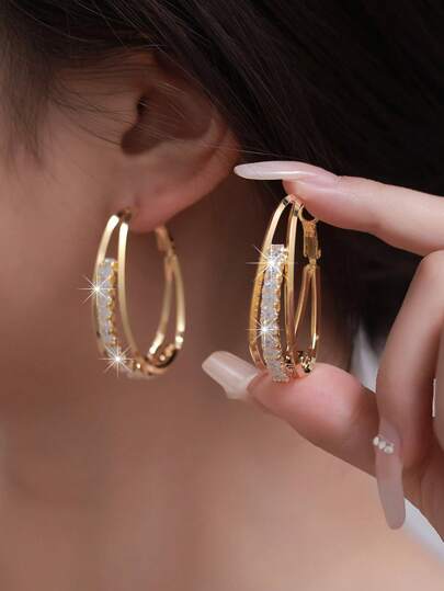1pair C Claw With Rhinestone Hoop Earrings, Suitable For Daily Wear