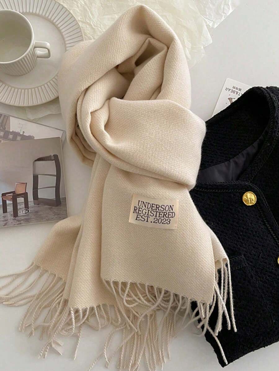 1pc Fashionable Double-Sided Scarf For Women Winter, Thick Warm Fringed Shawl And Wrap Accessories Women - Beige - View 1