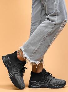 Women's Breathable Round Toe Slip-On Cushion Sneakers, Ladies' Casual Knitted Shoes - 黑色 - 查看 6