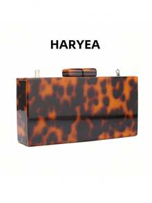 时尚豹纹亚克力晚装手拿包，琥珀色，欧美风格，女士复古婚礼派对礼服化妆包 - 咖啡棕 - 查看 6