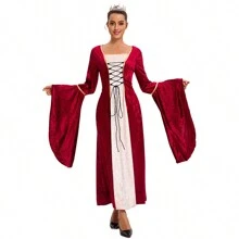 Medieval Renaissance Style Long Sleeve Princess Dress - Burgundy - View 1