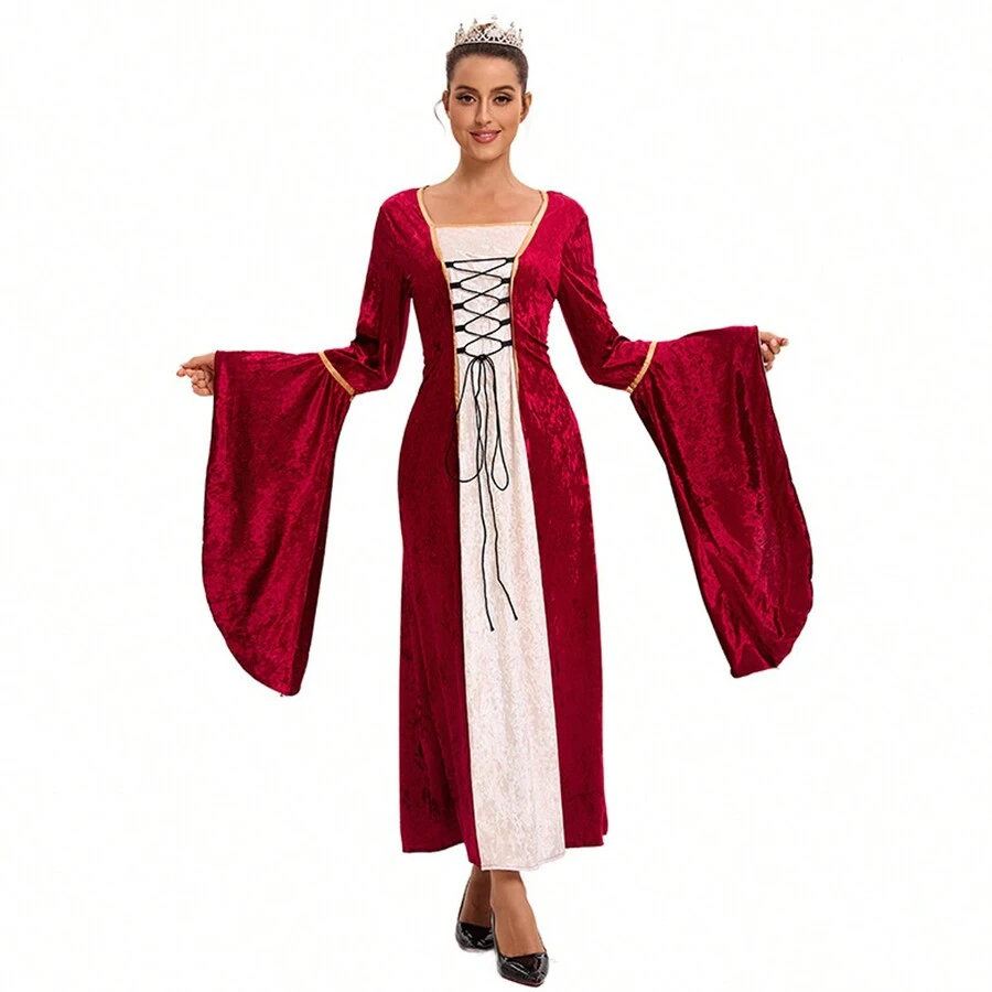 Medieval Renaissance Style Long Sleeve Princess Dress - Burgundy - View 1