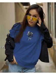 Basic Streetwear T-Shirt Minimalist Flower Print Men Women Unisex Premium - 藍色 - 查看 2