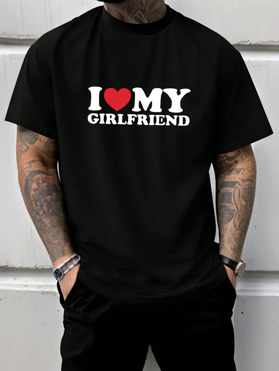 Plus Size Men's Fashionable Slogan Short Sleeve T-Shirt - Black - View 1