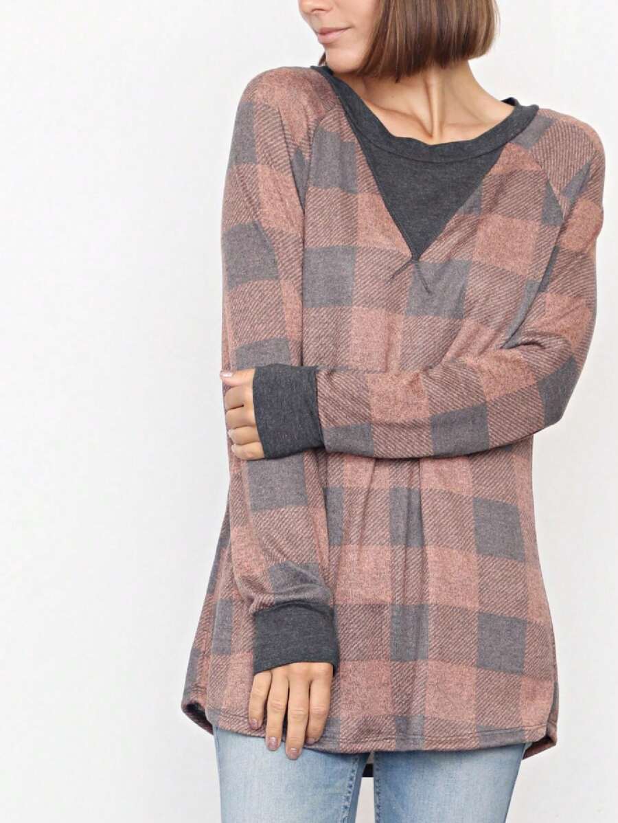 Boho Retro 90's Vintage Checkered Solid Tie Dye V Stich Pink Mustard Blue Brown Raglan Drop Shoulder Knit Top Cool Tunic Sweatshirt Pullover - 鏽棕色 - 查看 1