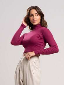 Kit 3 Ribbed Cropped Tops High Neck Long Sleeve Women's Fashion Elegant Foreign Woman - Karamel, hijau dan anggur - View 7