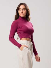 Kit 3 Ribbed Cropped Tops High Neck Long Sleeve Women's Fashion Elegant Foreign Woman - Karamel, hijau dan anggur - View 6
