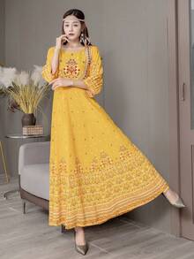 波西米亚风刺绣连衣裙，阿拉伯风情，休闲复古，艺术气息浓厚，适合旅行度假，适合端庄优雅的开斋节春季穿着 - 黃色 - 查看 5