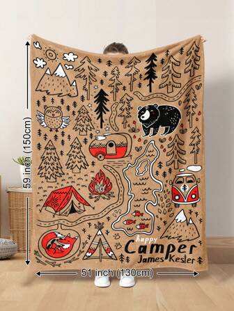 1 pièce Couverture en flanelle douce et chaude avec affiche vintage de camping et d'extérieur avec des animaux comme des ours et des renards, convient pour le salon, le canapé, le fauteuil, la chambre, les voyages, le camping, un excellent cadeau