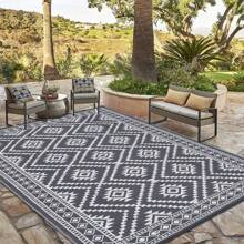 Outdoor Rugs,Reversible Patio Mat 9 X 12 Ft,Waterproof Patio Rug Reversible Plastic Straw Camping Rugs,Rv,Porch,Deck,Camper,Balcony,Backyard - Grey - View 3