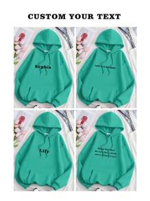 1pc Women Customized Pattern Long Sleeve Drawstring Casual Regular Hooded Sweatshirt - Mint Green - View 3