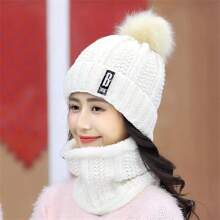 Winter Korean Style Knitted Beanie Hat & Scarf 2 Pieces Set, Thermal Lined, Windproof, For Women, Mom, Cycling - A - View 14