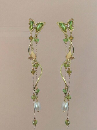 2Pcs Green Butterfly Pendant & Pearl Tassel Earrings, Perfect For Spring & Summer Outfits