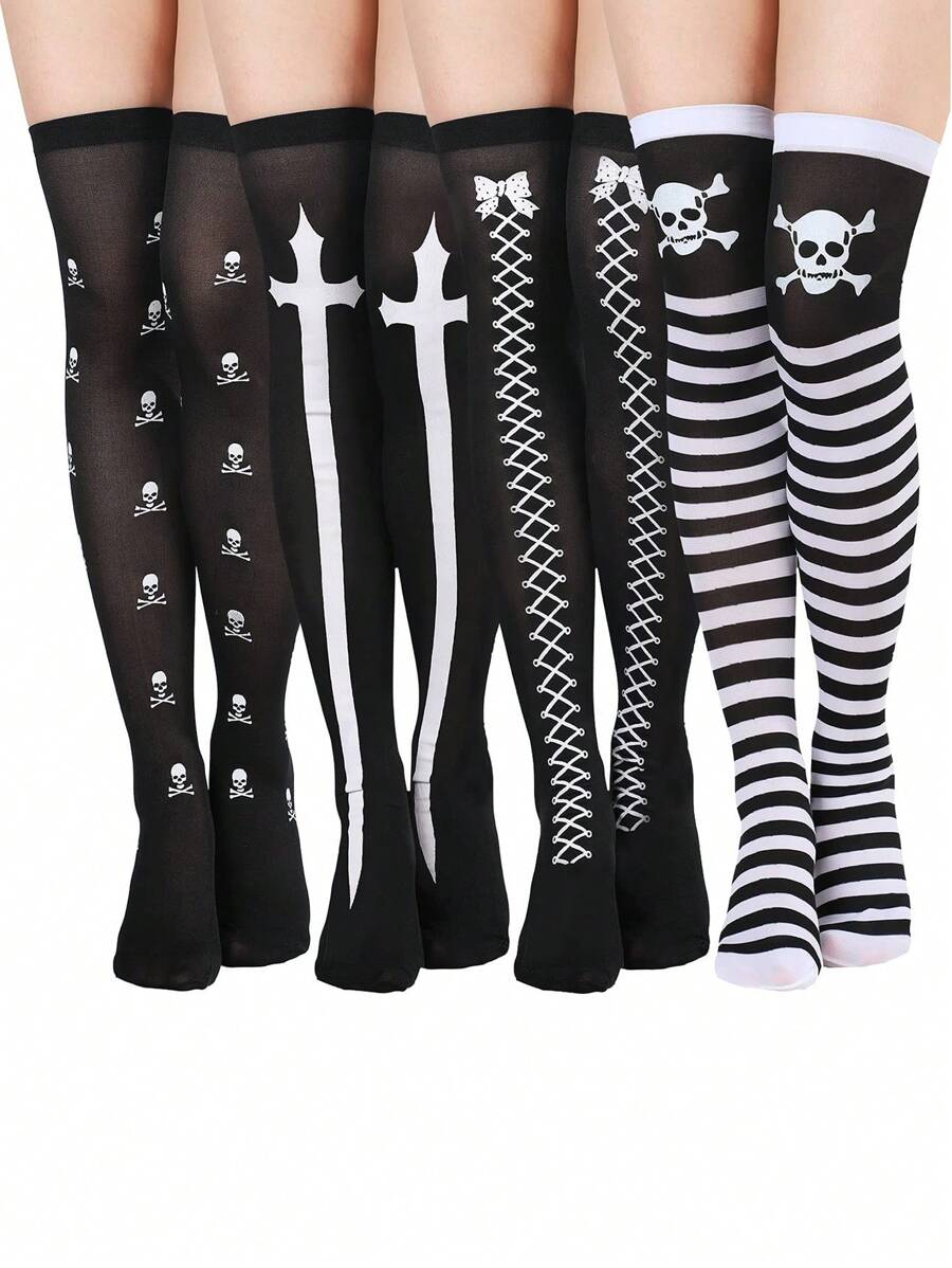 Briartw 4 Pares de Meias Longas Acima do Joelho para Halloween, Meias para Cosplay de Festival, Y2k