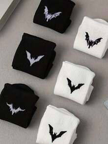 6 par damskich skarpetek do połowy łydki z motywem Halloween i wzorem nietoperza, z kreskówkową grafiką, oddychające, pochłaniające pot, unisex, odpowiednie na święta i do codziennego noszenia