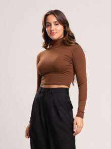 Kit 3 Ribbed Cropped Tops High Neck Long Sleeve Women's Fashion Elegant Foreign Woman - Brown, Caramel and Black - View 7