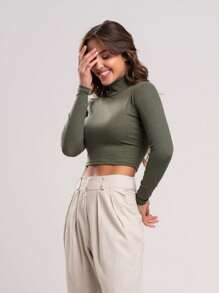 Kit 3 Ribbed Cropped Tops High Neck Long Sleeve Women's Fashion Elegant Foreign Woman - WHITE, GREEN aND BLACK - View 7