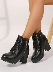 搭配连衣裙女士厚底粗跟皮靴圆头踝短靴，秋冬 - 黑色 - 查看 3