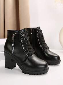 搭配连衣裙女士厚底粗跟皮靴圆头踝短靴，秋冬 - 黑色 - 查看 6