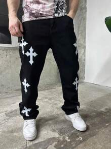 Men's Casual Loose Fit Printed Straight-Leg Jeans