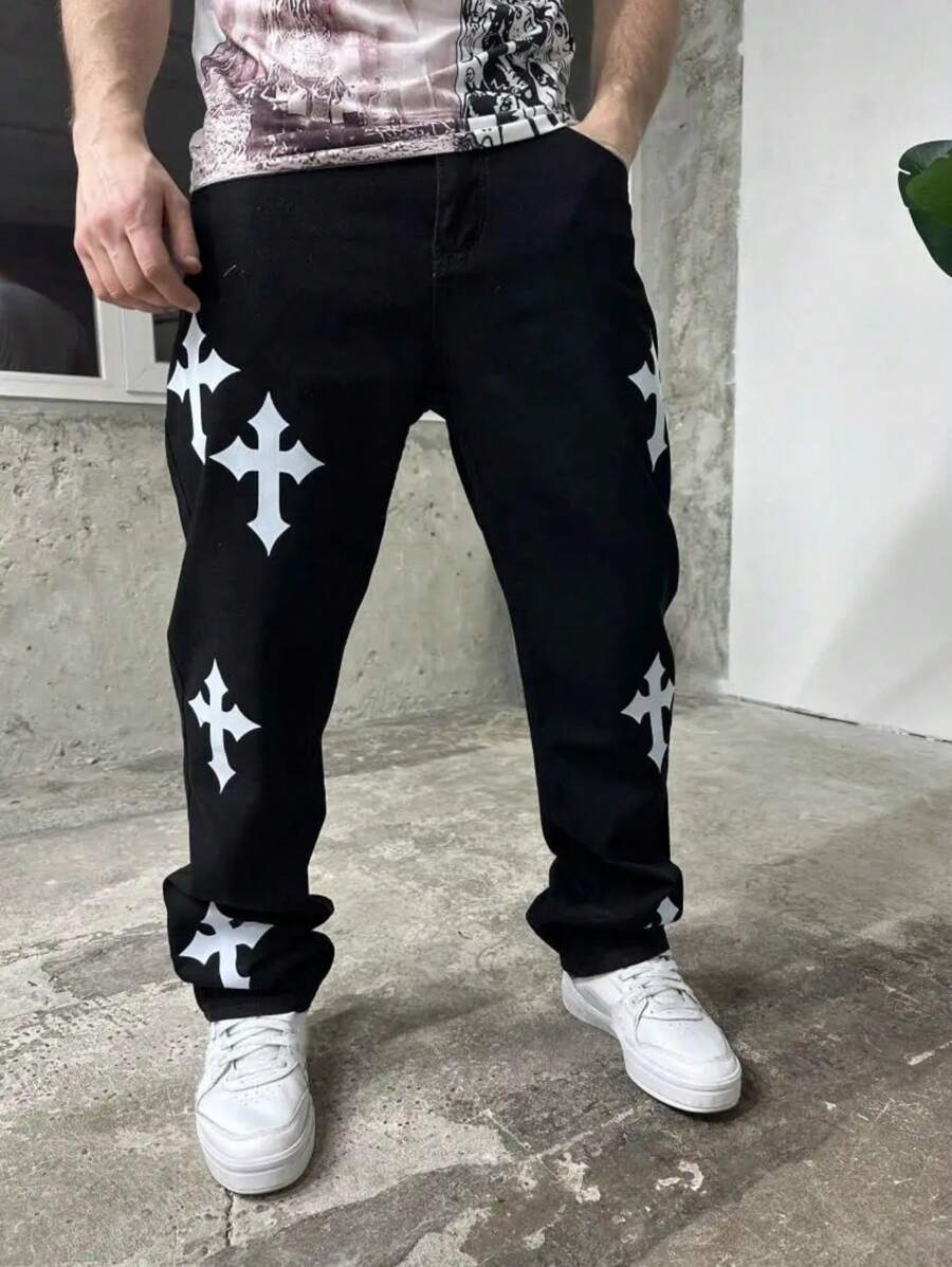 Men's Casual Loose Fit Printed Straight-Leg Jeans