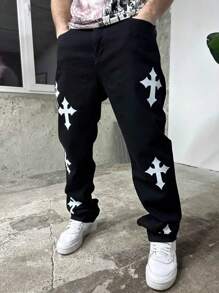 Men's Casual Loose Fit Printed Straight-Leg Jeans