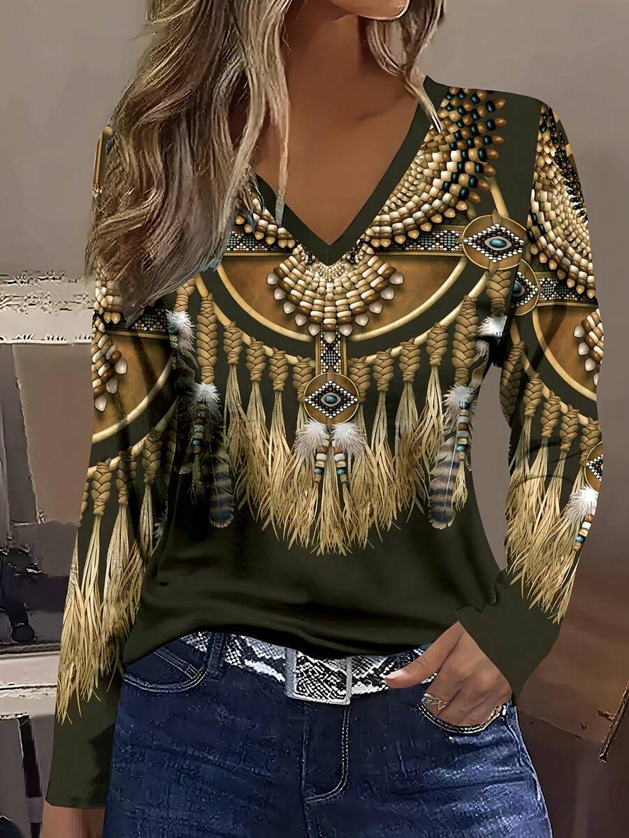 Feather Print Long Sleeve V-Neck T-Shirt, Spring/Autumn - Multicolor - View 1