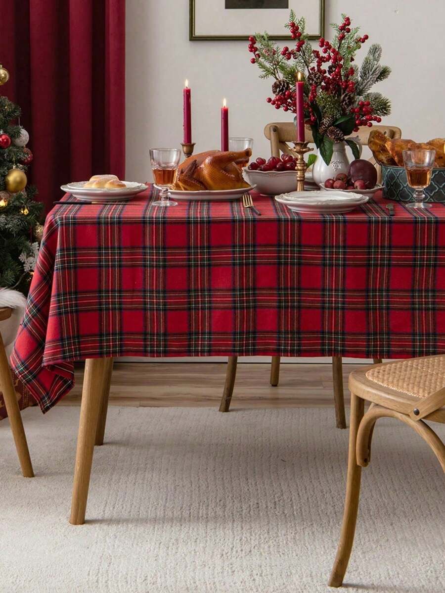 1pc Checkered Christmas Tablecloth - Red Buffalo Plaid Christmas Tablecloth, Spill-Proof & Washable, Suitable For Dining, Parties And Holiday Decor, Halloween, Halloween Decoration