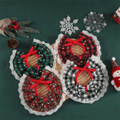 1 件宠物圣诞围巾，透气且不刺激，格纹设计，配有铃铛饰物和蝴蝶结，多种款式（金色格纹、红色/黑色格纹、绿色/黑色格纹、黑色/白色格纹），适合所有季节，让您的宠物保持时尚可爱