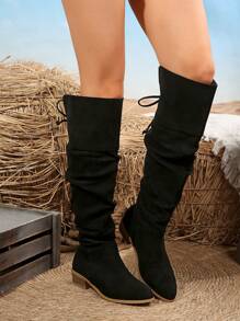女士粗跟过膝靴，时尚可拆卸正装靴，女士舒适西部靴