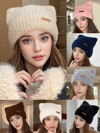 1 pieza Sombrero para mujeres con etiqueta, logotipo de letra, diseño lindo de oreja, con estilo, retro, gorro de punto adecuado para uso diario, engrosado para mantener el calor, viaje al aire libre, compras callejeras, protege del frío, cubre las orejas, gorro casual de punto, para otoño/invierno