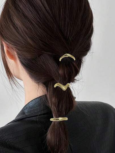 Melody 3件套女士时尚马尾辫发夹街头金属发饰手插复古个性化V形发钩装饰配件礼品小饰品，金色头饰爪夹发爪发夹，学习用品，发饰
