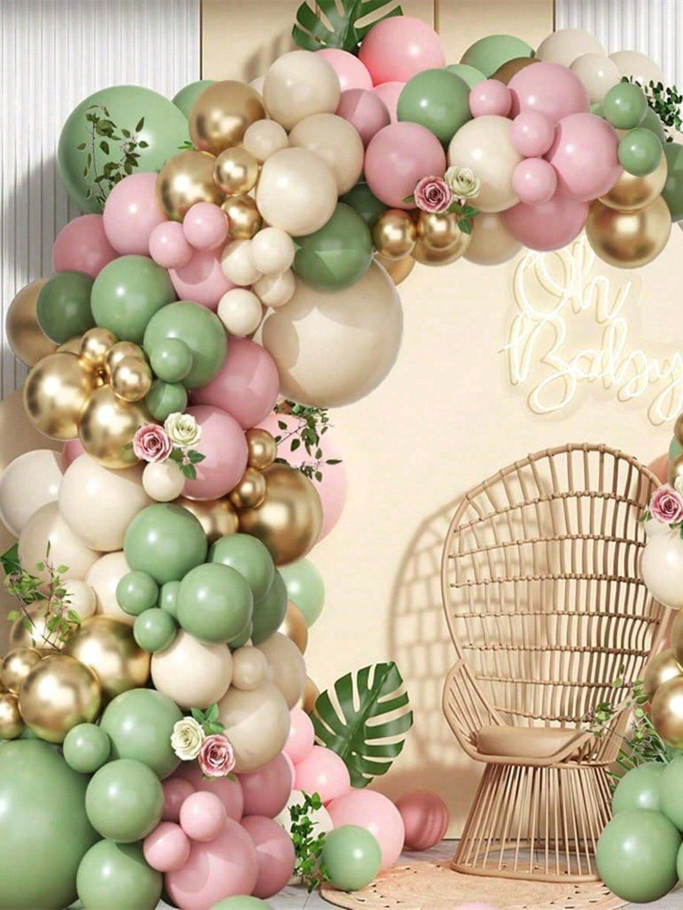 106pcs Green Pink Balloon Garland Arch Kit White Sand Chrome Gold And