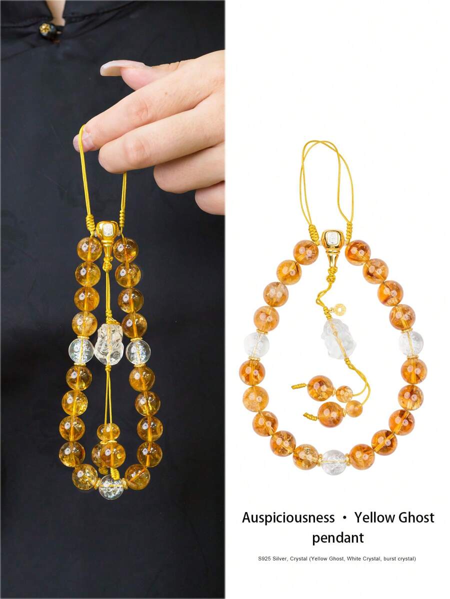 [VE] 1pc High Quality S925 Silver Natural Yellow Phantom Quartz Pendant, Gold Illusional Meaning Prosperity & Auspiciousness, Hand-Held Pendant Like Carrying Warm Sunshine, Dispel Worries & Bring Good Luck. Unique Texture Showcases Personal Charm, Perfect Combination Of Fashion & Protection, Surround You With Happiness & Success. Natural Gemstone Color Randomly - Widgets - View 1