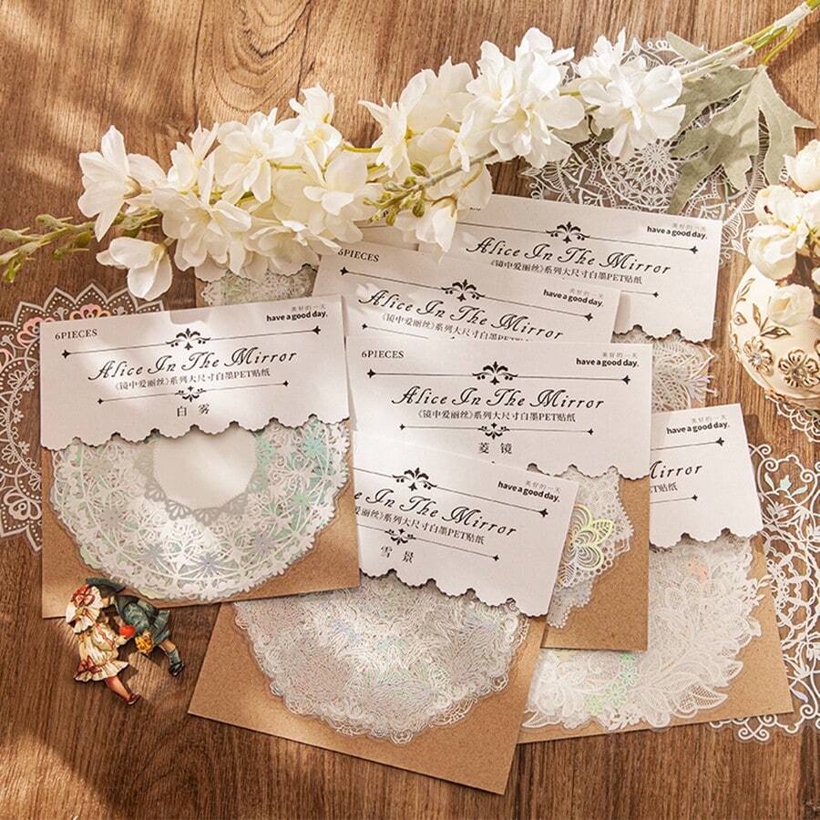 6 件/包复古蕾丝装饰贴纸、创意美学剪贴簿贴纸、DIY 装饰、工艺材料、节日礼物、个性化剪贴簿学校用品（8 种随机款式） - 白色 - 查看 1