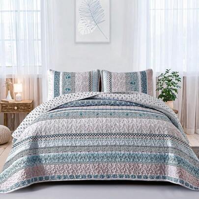 3 Pieces Boho Quilt Set Queen King Size, Blue Bohemian Quilt Sets, Lightweight Summer Bedspread Coverlet Bedding Set For All Season,Home Decor Bedroom Decor Mothers Day Gift Wedding Decorations