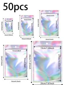50pcs Resealable Foil Pouch Bags, Self-Sealing Laser Bags, Mylar Bag With Flat Zip Lock With Clear Front, For Food Storage Pouches, Candy Snacks, Lipsticks, Beads, Retail Packaging And Display Of Jewelry, Crafts, Nail Art And False Eyelashes, Christmas Valentine Day - Multicolor - View 2