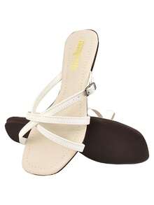 Women's Flat Flip Flops With Straps And Buckle Detail - White - View 2