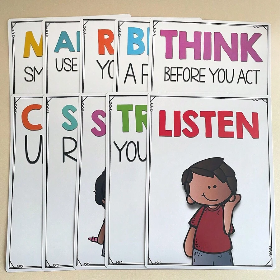 10PCS A4 Classroom Rules Posters – Behavior Management Decor For Classroom, Positive Behavior Chart For Students, Classroom Code Of Conduct Display Poster, Teachers Classroom Management Tools