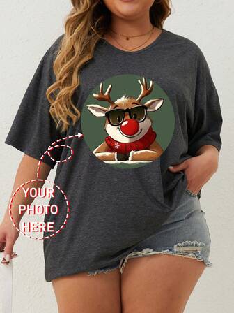 Customized Christmas Personalized Pattern Plus Size T-Shirt, Customize Your Photo/Group Photo/Couple/Lover/Family/Friend/Pet/Landscape Photo, Christmas/Halloween/Birthday/Valentine's Day/Father's Day/Party Anniversary/Personalized Photo Customization Cultural T-Shirt, Holiday Gift, Team Uniform Customization, Charity Team Uniform Customization/Poster/Family Photo/Company Team Photo