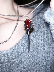 1pc Dark Gothic Rose Scepter Pendant Double Layered Necklace, Suitable For Women In Any Occasion Valentines - Red - View 5