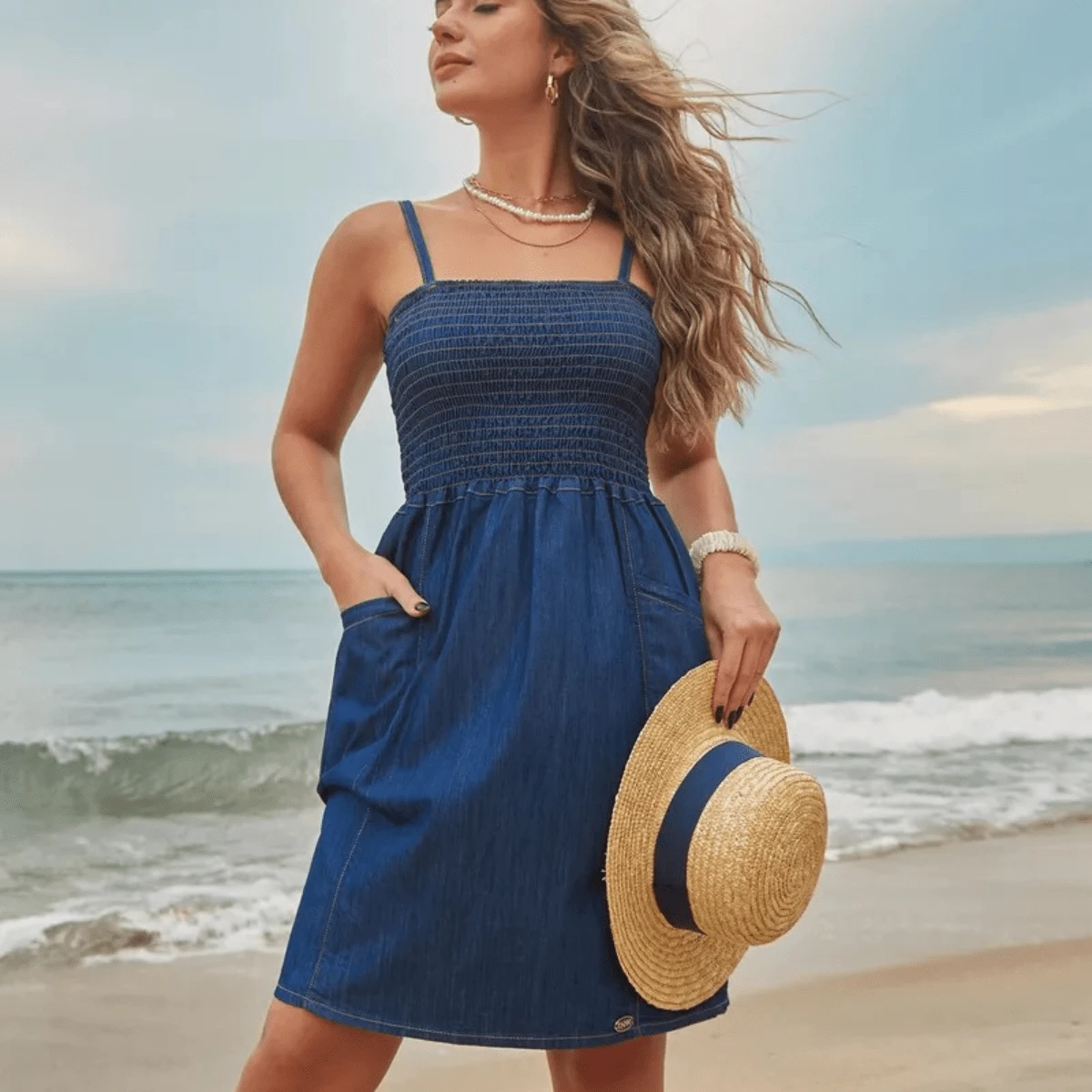 Women's Denim Dress With Straps - Casual And Versatile - Màu xanh hải quân - Xem 1