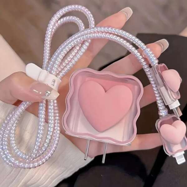 5pcs/Set Pink Heart-Shaped Charging Head And Data Cable Protection Accessories, Compatible With Apple Chargers Cable Protector, Charger Protector