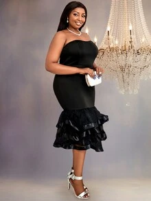 Vestido tubo de malla en contraste bajo a capas - Negro - Ver 1