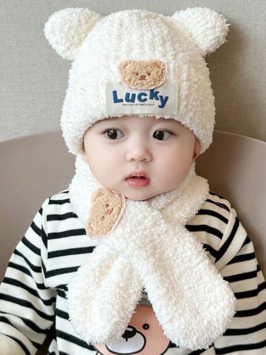2pcs/Set Kids Warm Winter Knit Lucky Bear Beanie Hat And Scarf Set, For Boys And Girls